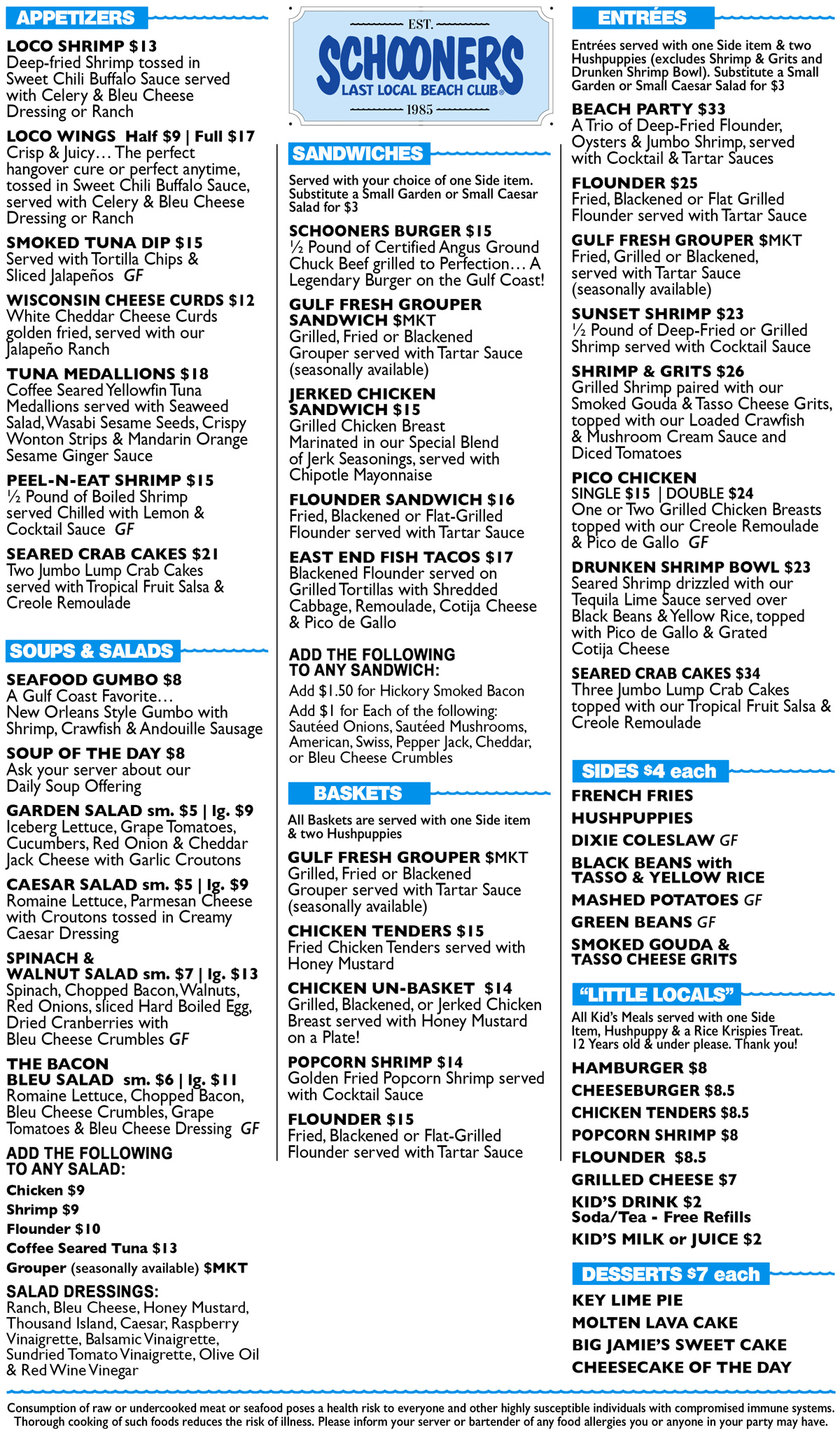 Schooners Menu