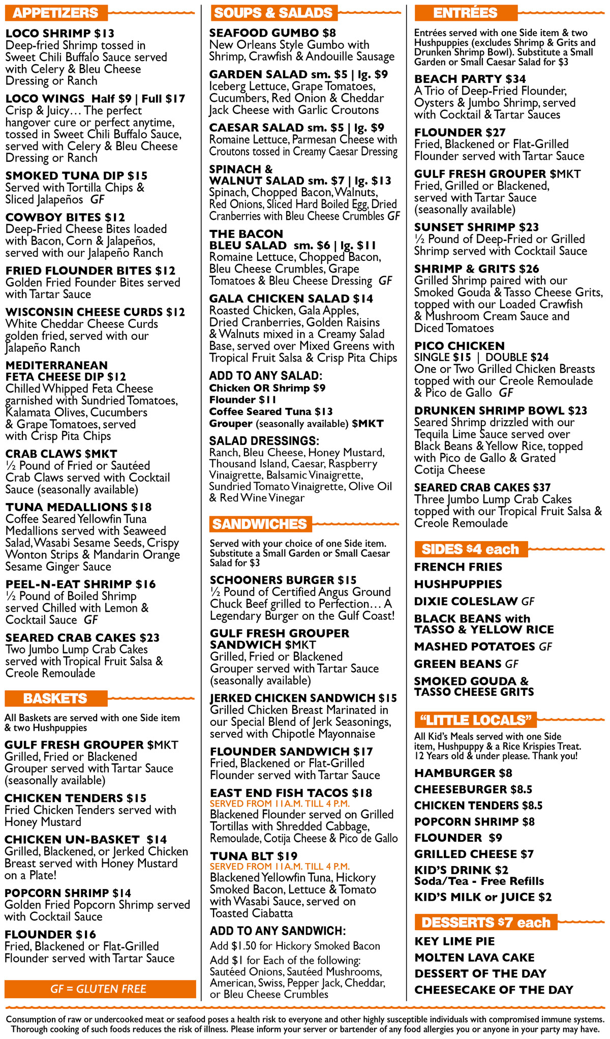 Schooners Menu