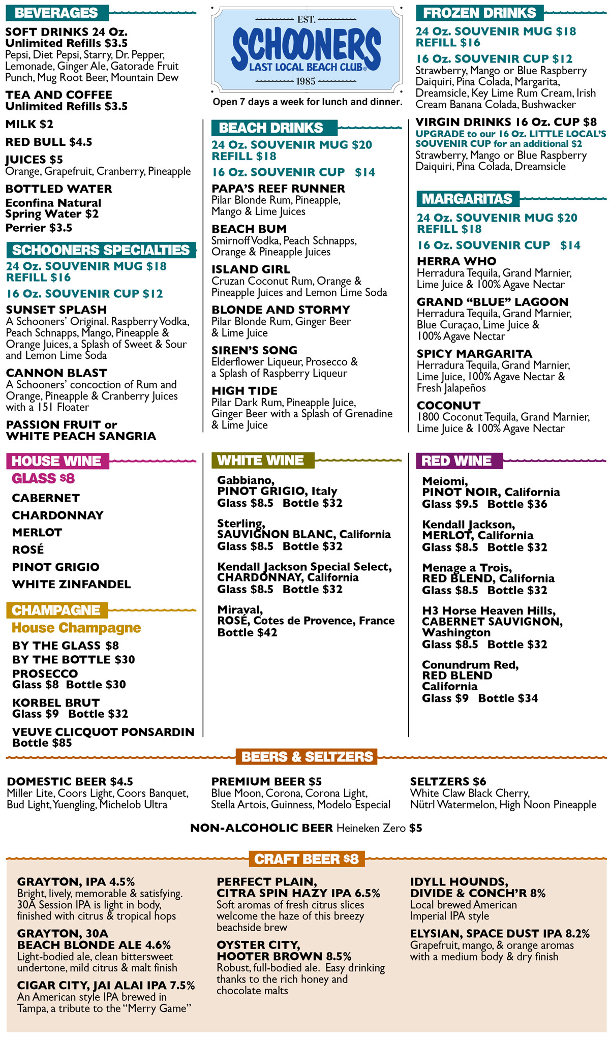 Schooners Menu