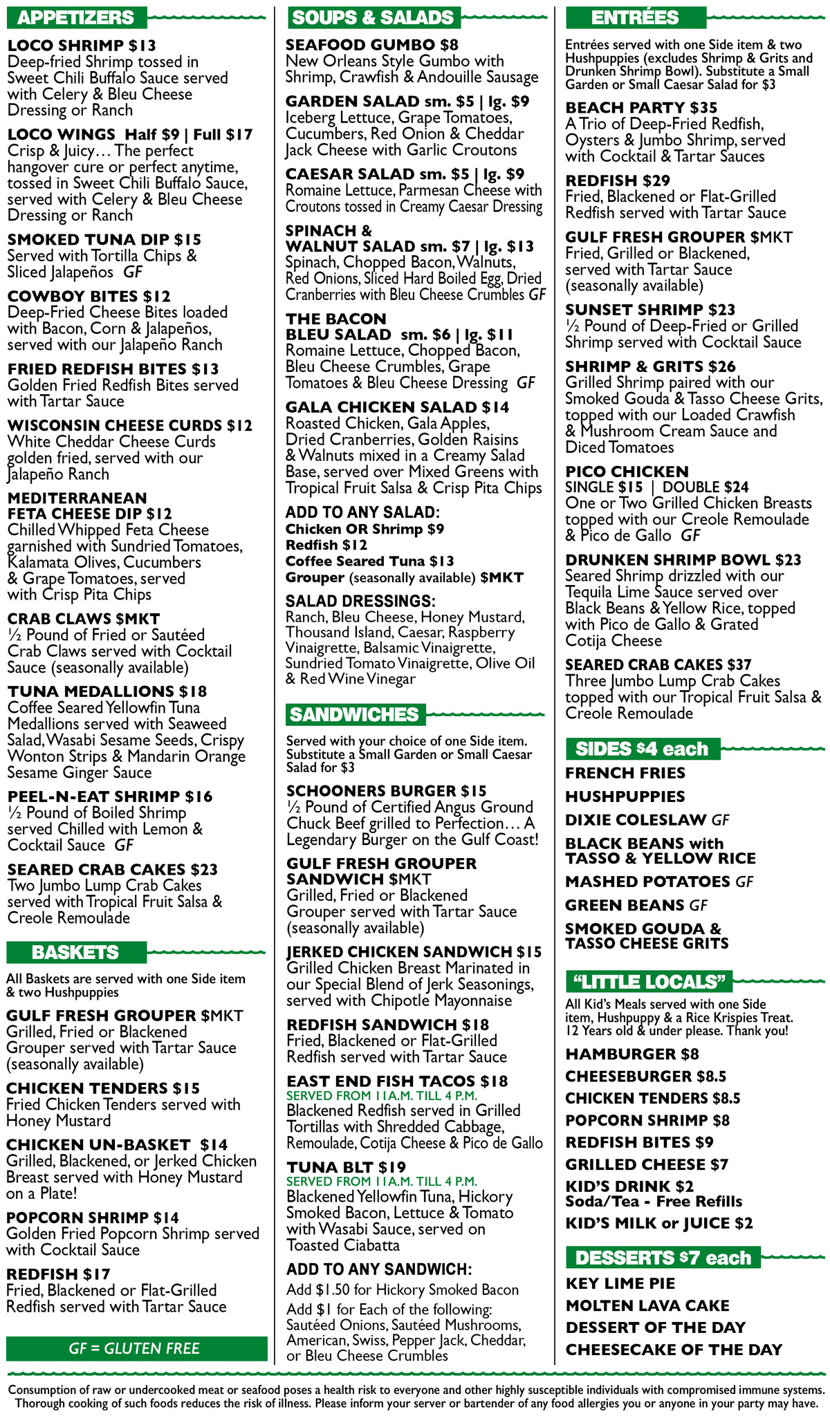 Schooners Menu