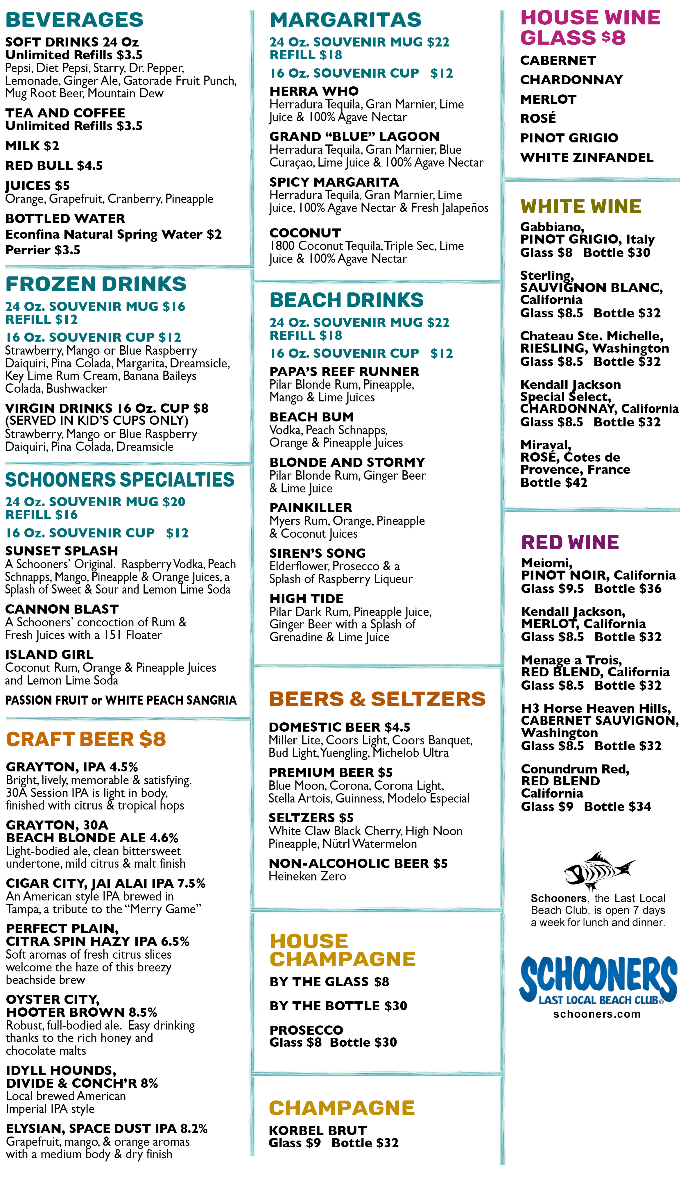 Schooners Menu